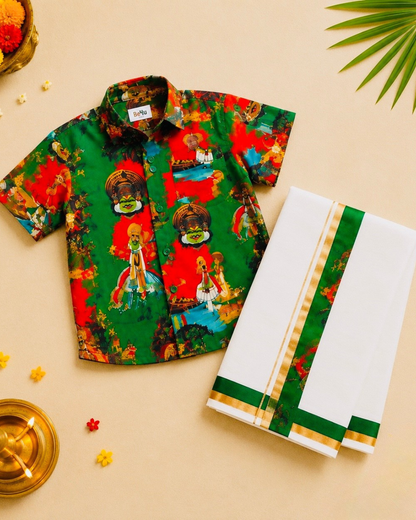 Onam Kathakali Printed Shirt & Kasavu Mundu Set for Baby Boys