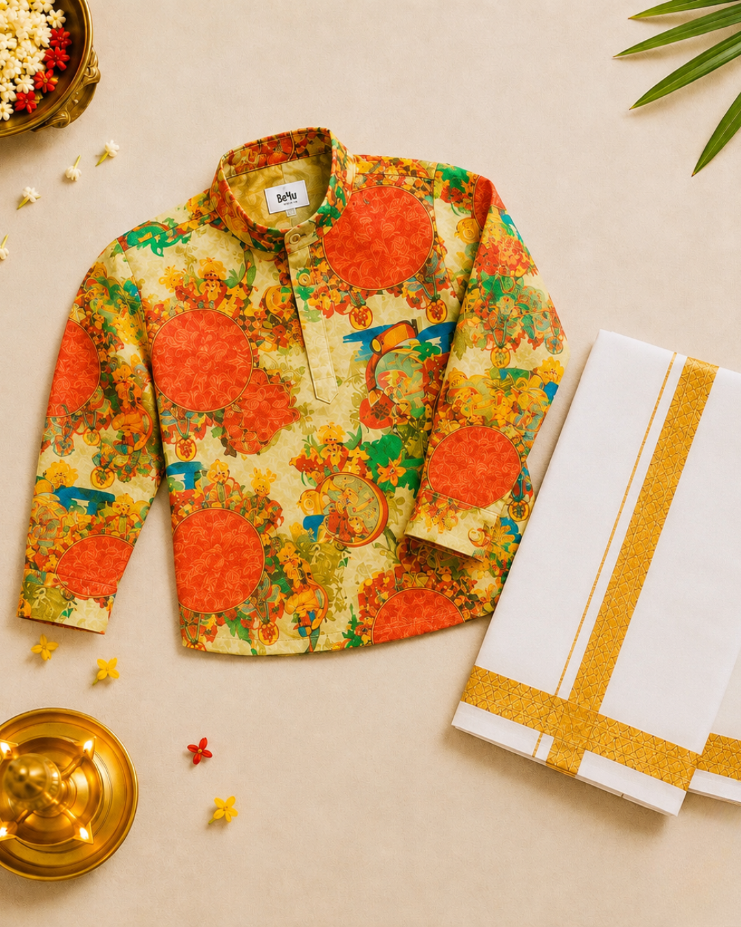 Onam Special Heritage Themed Full Sleeve Kurta & Kasavu Mundu Set for Baby Boys