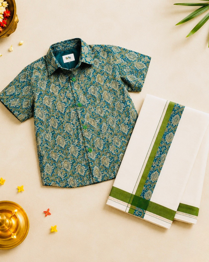 Onam Special Printed Shirt & Green Kasavu Mundu Set for Baby Boys