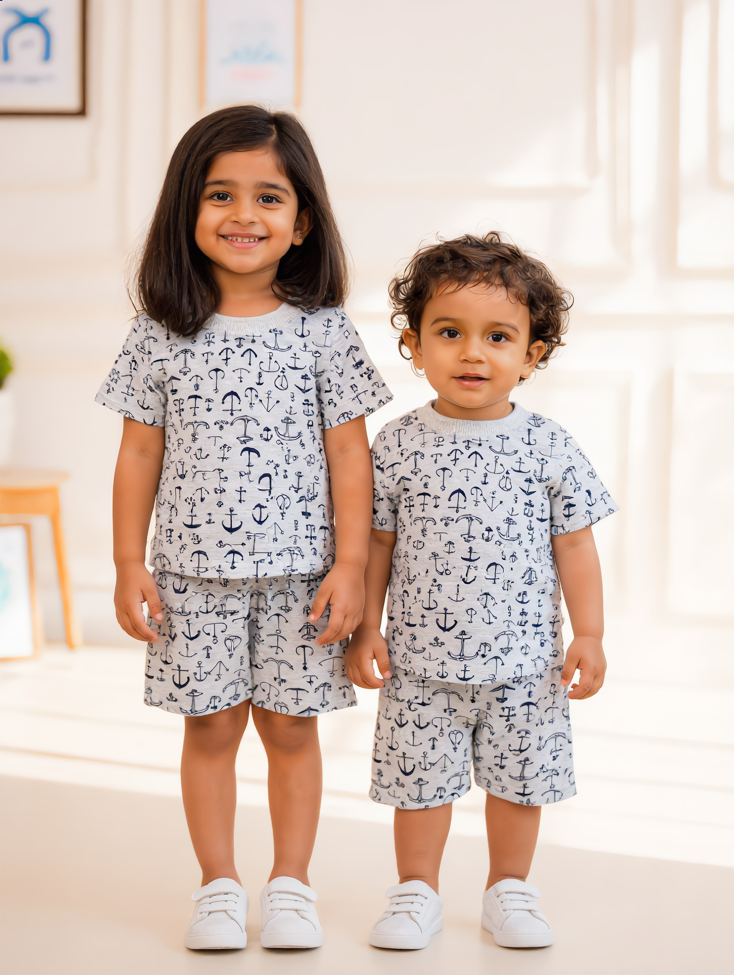 Kids Co-ord Set - Boys & Girls - Grey Anchor Print