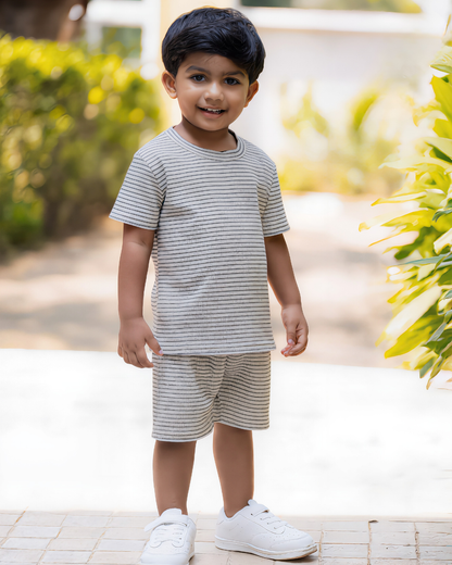 Kids Co-ord Set - White & Grey Stripes