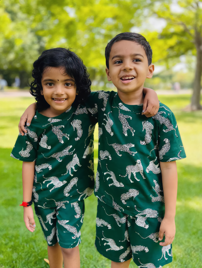 Kids Co-ord Set - Boys & Girls - Green White Leopard