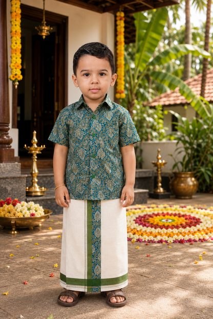 Onam Special Printed Shirt & Green Kasavu Mundu Set for Baby Boys