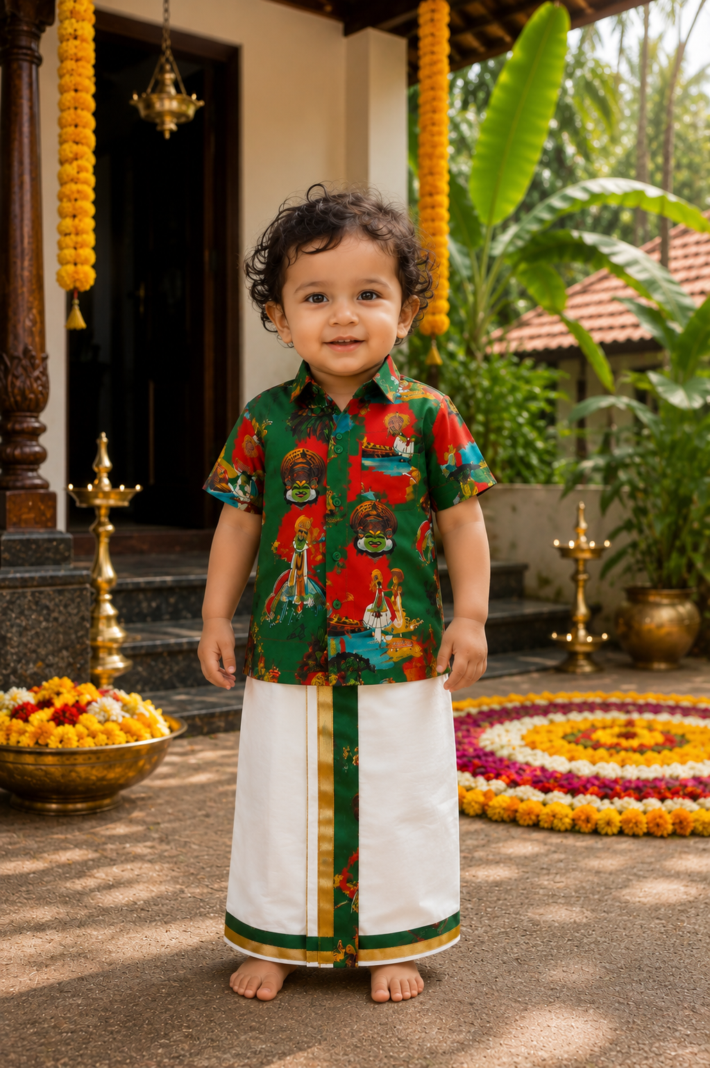 Onam Kathakali Printed Shirt & Kasavu Mundu Set for Baby Boys