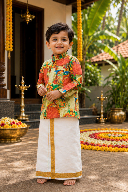 Onam Special Heritage Themed Full Sleeve Kurta & Kasavu Mundu Set for Baby Boys