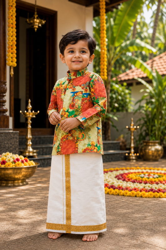Onam Special Heritage Themed Full Sleeve Kurta & Kasavu Mundu Set for Baby Boys