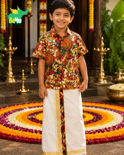 Boys Onam Kathakali Print Shirt  - Orange & Kasavu Mundu Set