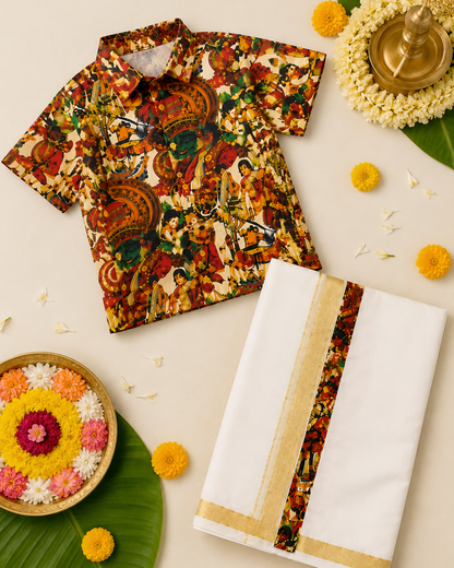 Boys Onam Kathakali Print Shirt  - Orange & Kasavu Mundu Set
