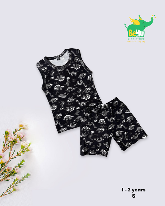 Sleeveless Kids Co-ord Set - Black Dino