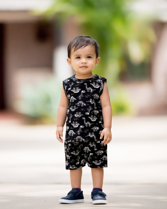 Sleeveless Kids Co-ord Set - Black Dino