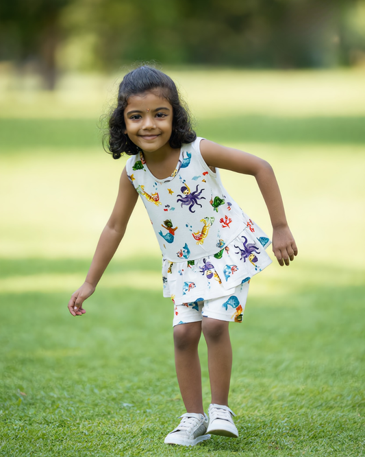 Sleeveless Co-ord Set Girls - White Ocean