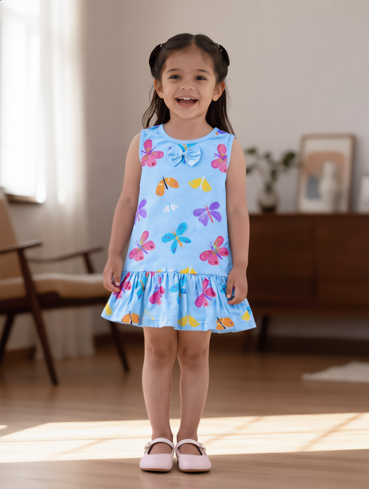 Sleeveless Frock - Blue Butterfly Print